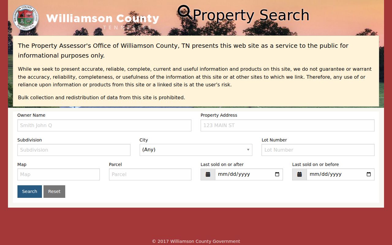 Williamson County street directory Assessor search fields