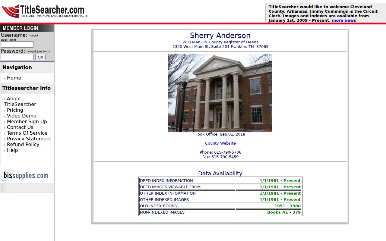 Williamson County residents directory deed index coverage at TitleSearcher